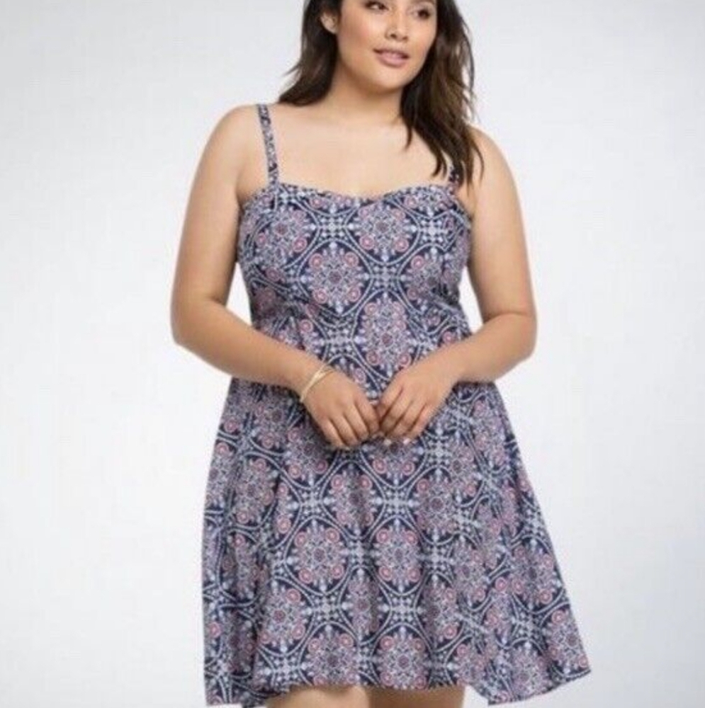 Torrid Medallion Navy and Red Patterned Mini Dress/Sundress